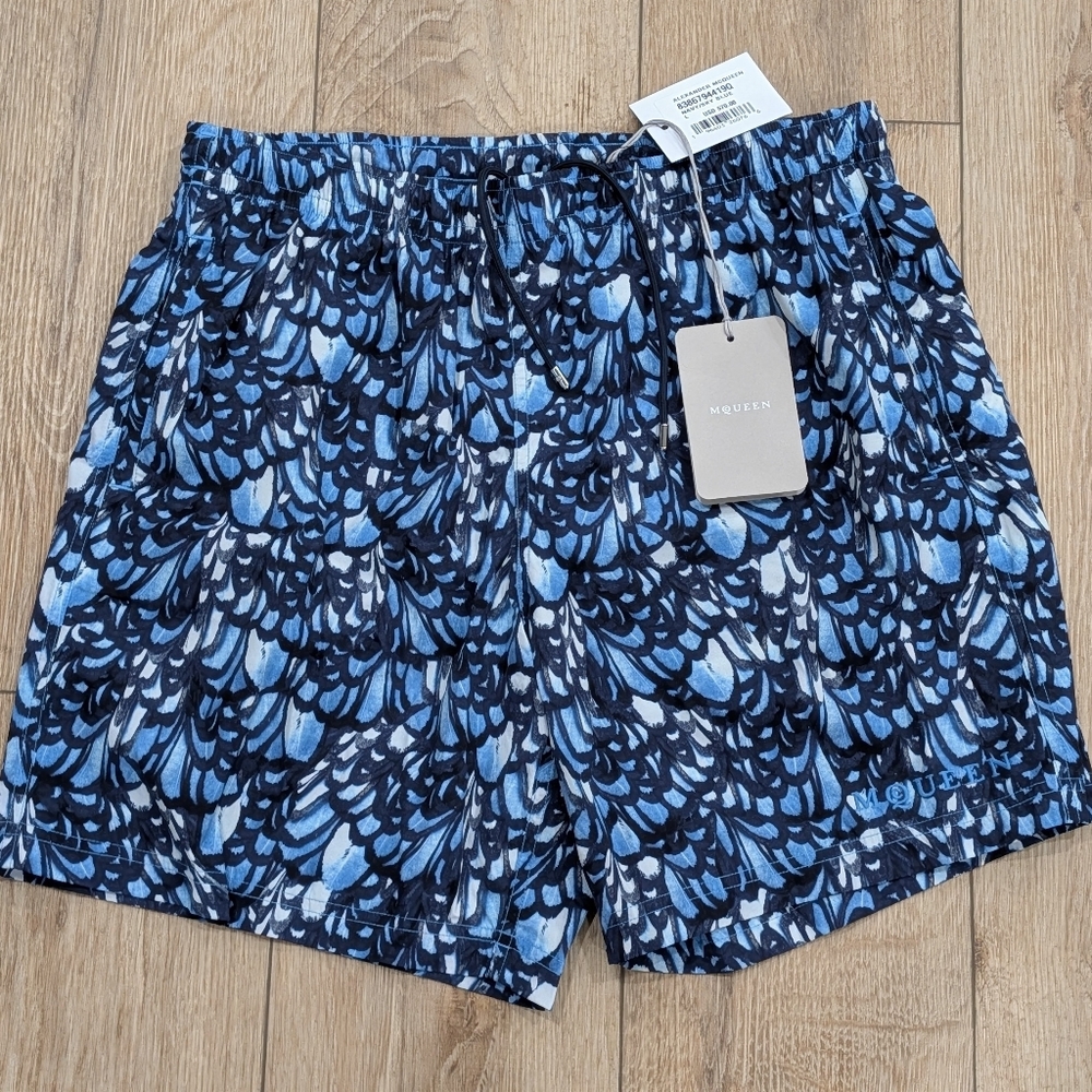 Alexander McQueen Black and Blue Feather Pattern Shorts